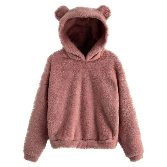 jsaierl Womens Bear Ear Sherpa Hoodies Solid Fleece Cute Top Long Sleeve Loose Warm Pullover Sweatshirt