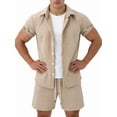 thumbnail image 3 of Men'S Waffle Knit 2-Piece Outfit with Button Down Shirt and Shorts for Summer Khaki L, 3 of 7