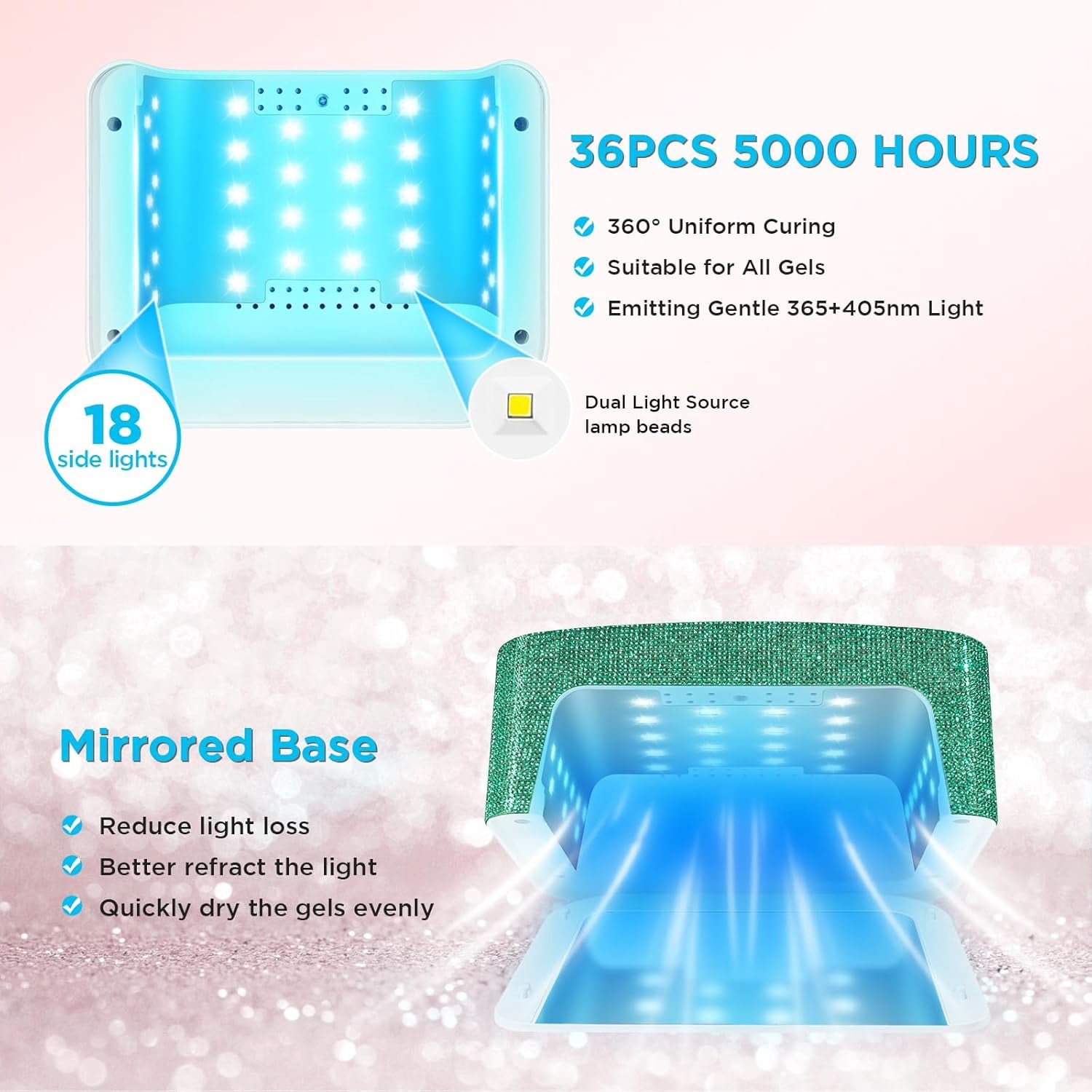 Cordless UV Nail Lamp, 120W Rechargeable UV Light for Nails, Nail Dryer with 4 Timer Modes, LED Nail Lamp Fully Decorate with Sparkling Nail Rhinestones Diamond (Green)