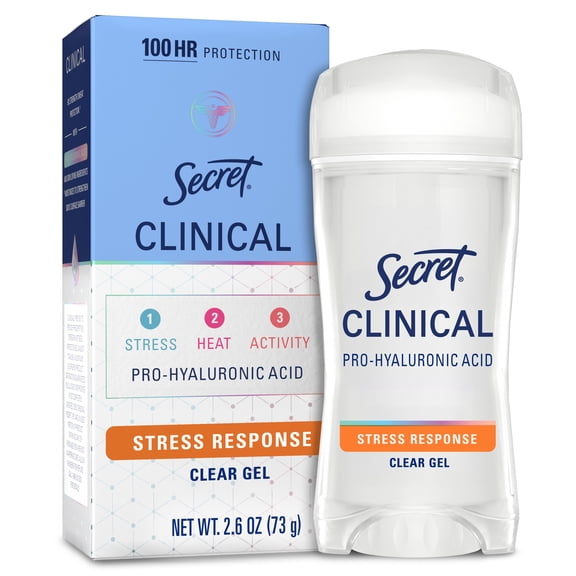 Secret Clinical Antiperspirant Deodorant for Women, 100HR Sweat & Odor Protection, Pro-Hyaluronic Acid, Clear Gel, Stress Response, 2.6 oz