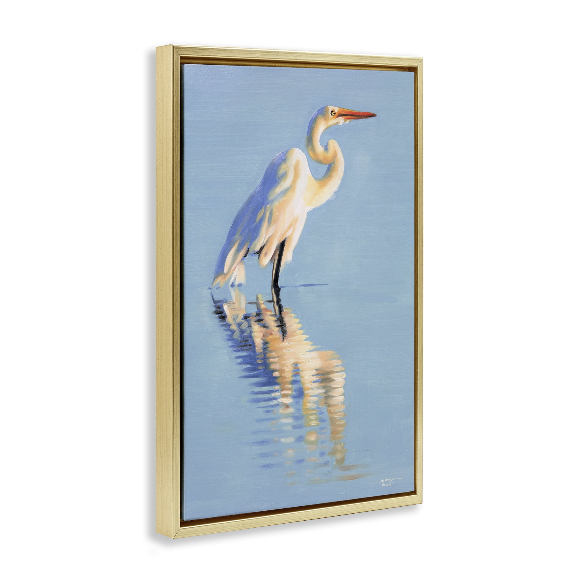Stupell Industries Blue Egret Reflection Animals & Insects Painting Gold Floater Framed Canvas Art Print Wall Art, 21 x 31
