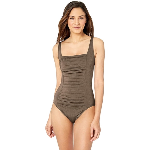 Calvin Klein Women's Pleated One Piece Swimsuit, Bronze, 16