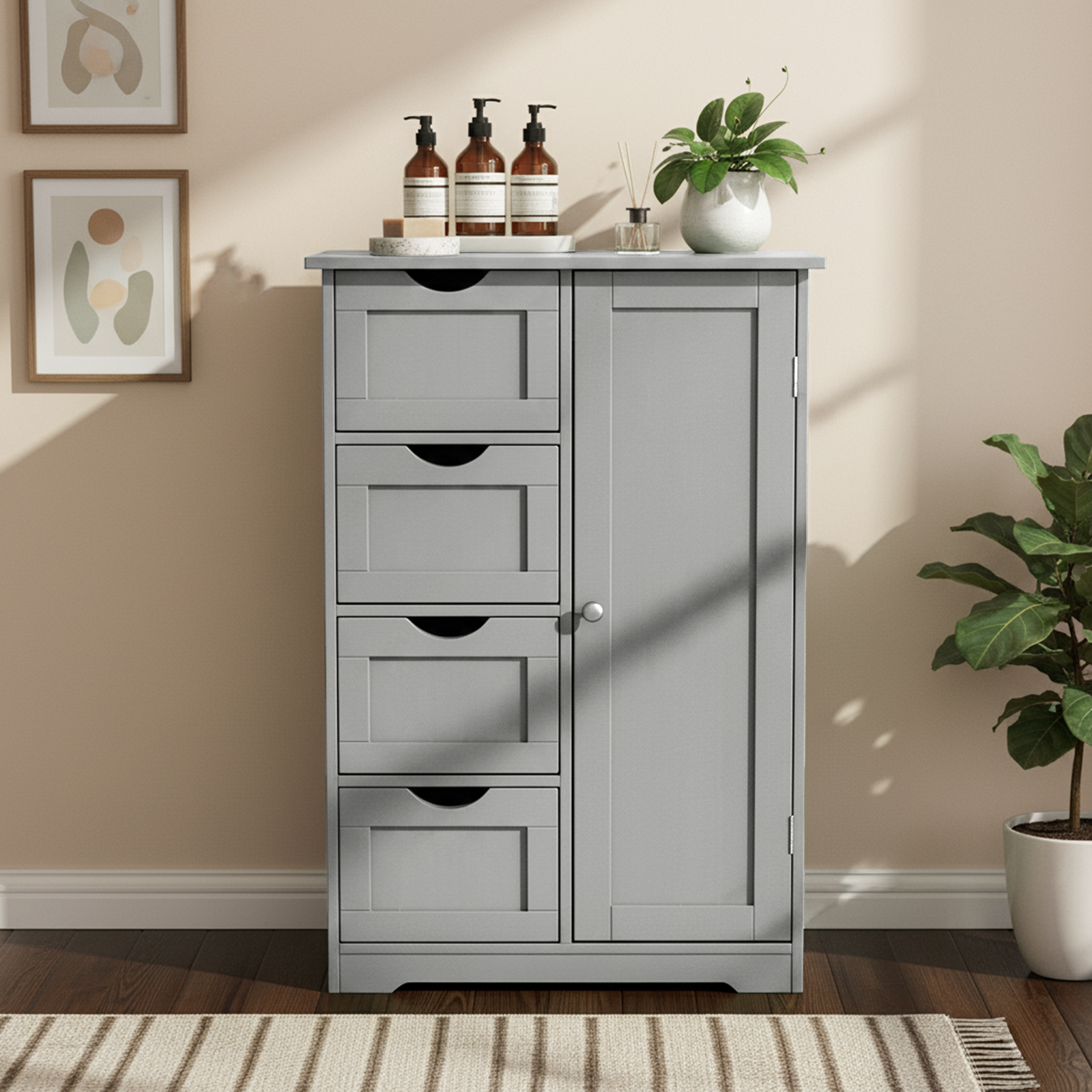 Ktaxon Wooden Bathroom Floor Cabinet, Side Storage Organizer with 4 Drawers, 1 Cupboard & 2-Shelves, Gray