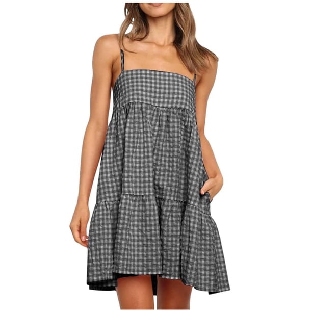 Vestido de Camisa Cuadrada para las Mujeres A-Línea Correas de Hombro Mini con Borde de Volantes, Vestido de Bolsillo Lateral Casual para Primavera Verano Otoño Diario Y Fiesta