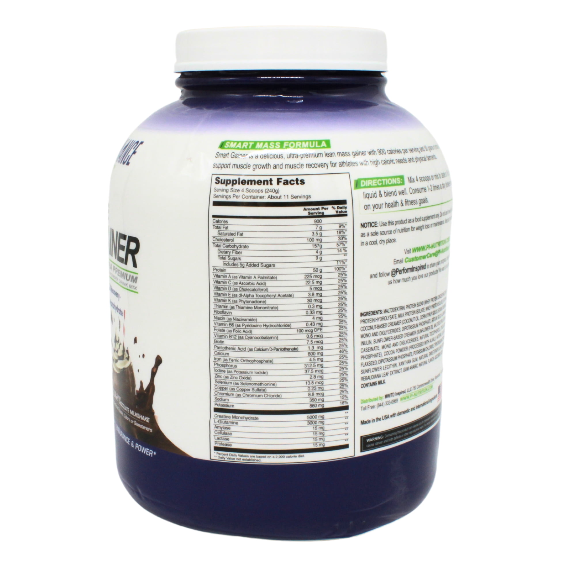 Performance Inspired Nutrition - Smart Mass Gainer Powder - Recover & Rebuild Muscles - L-Glutamine – 50G Protein - Creatine - Digestive Enzymes - Chocolate Milkshake - 6 lbs