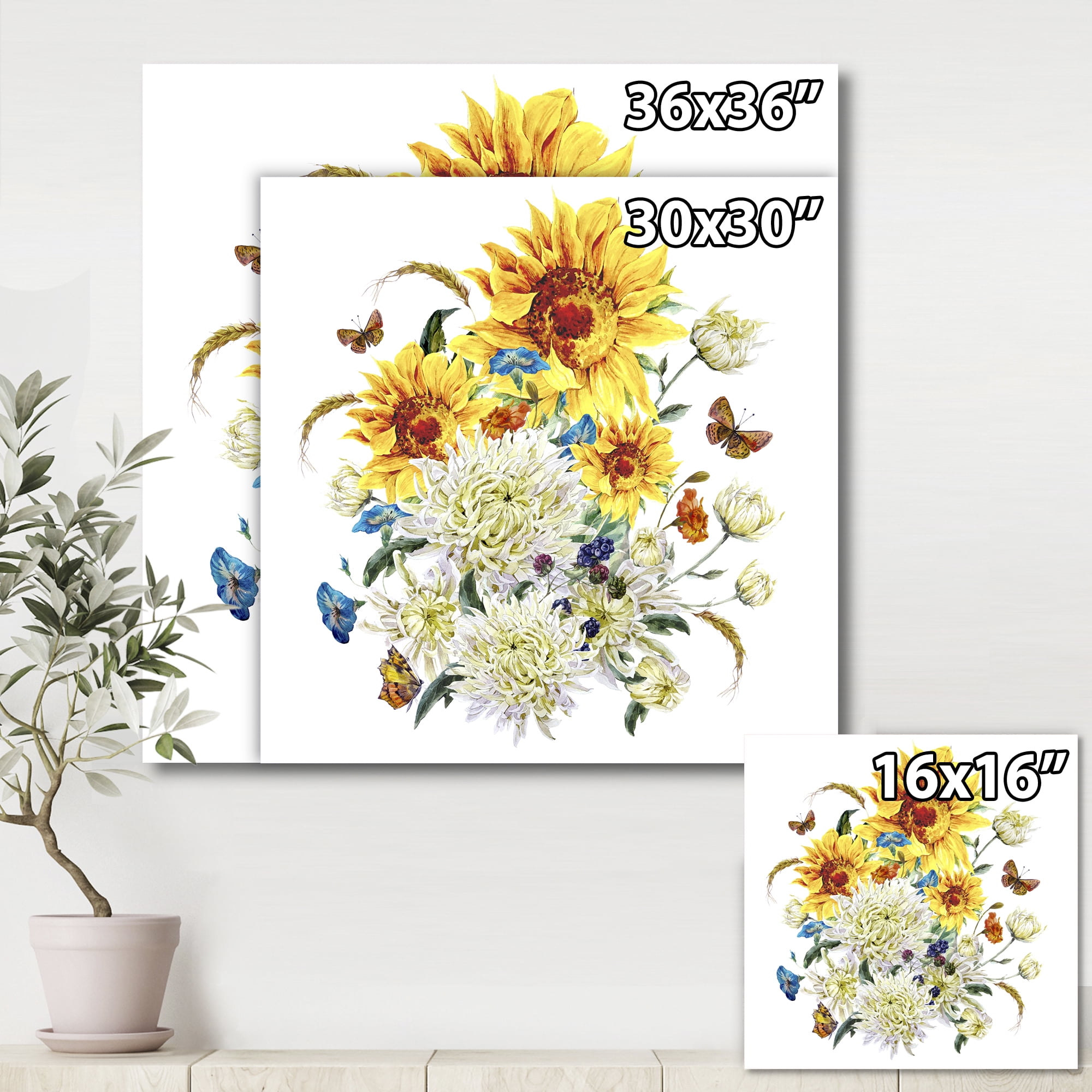 Designart ' Ancient Chrysanthemums and Sunflowers ' Traditional Canvas Wall Art Print