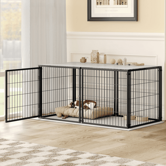 QNACPY Heavy-Duty Steel Dog Crate Furniture, 48" Metal Kennel Indoor,Extra Large Dogs Cage for Small/Medium/Large Dogs,End Table TV Stand,Black