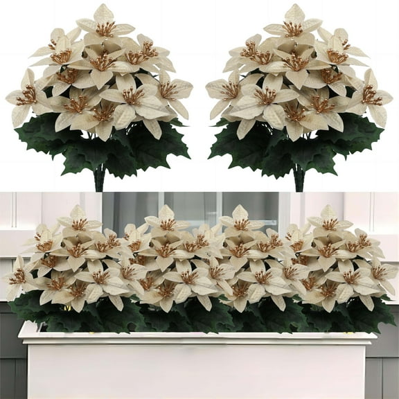6PCS Christmas Flowers Artificial Poinsettia Flowers 4Heads Winter Floral Arrangement for Christmas Tree DIY Poinsettia Wreath Home Table Centerpiece Proch Front Door Decor