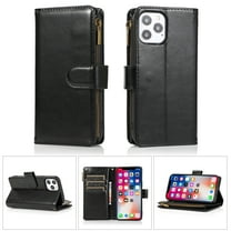 For Apple iPhone 15 Pro (6.1") Leather Zipper Wallet Case 9 Credit Card Slots Cash Money Pocket Clutch Pouch Stand Cover ,Xpm Phone Case [ Black ]