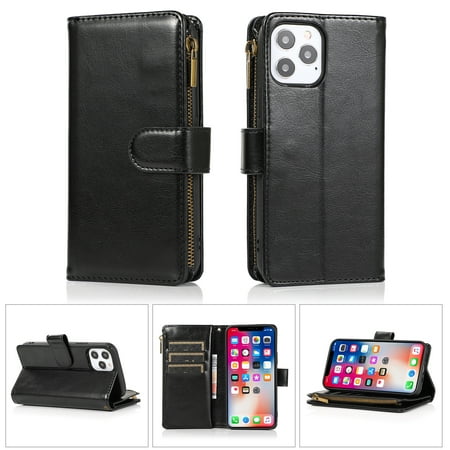 Designed for Apple iPhone X / iPhone XS Leather Zipper Wallet Case 9 Credit Card Slots Cash Money Pocket Clutch Pouch Stand Phone Case Cover [Black]