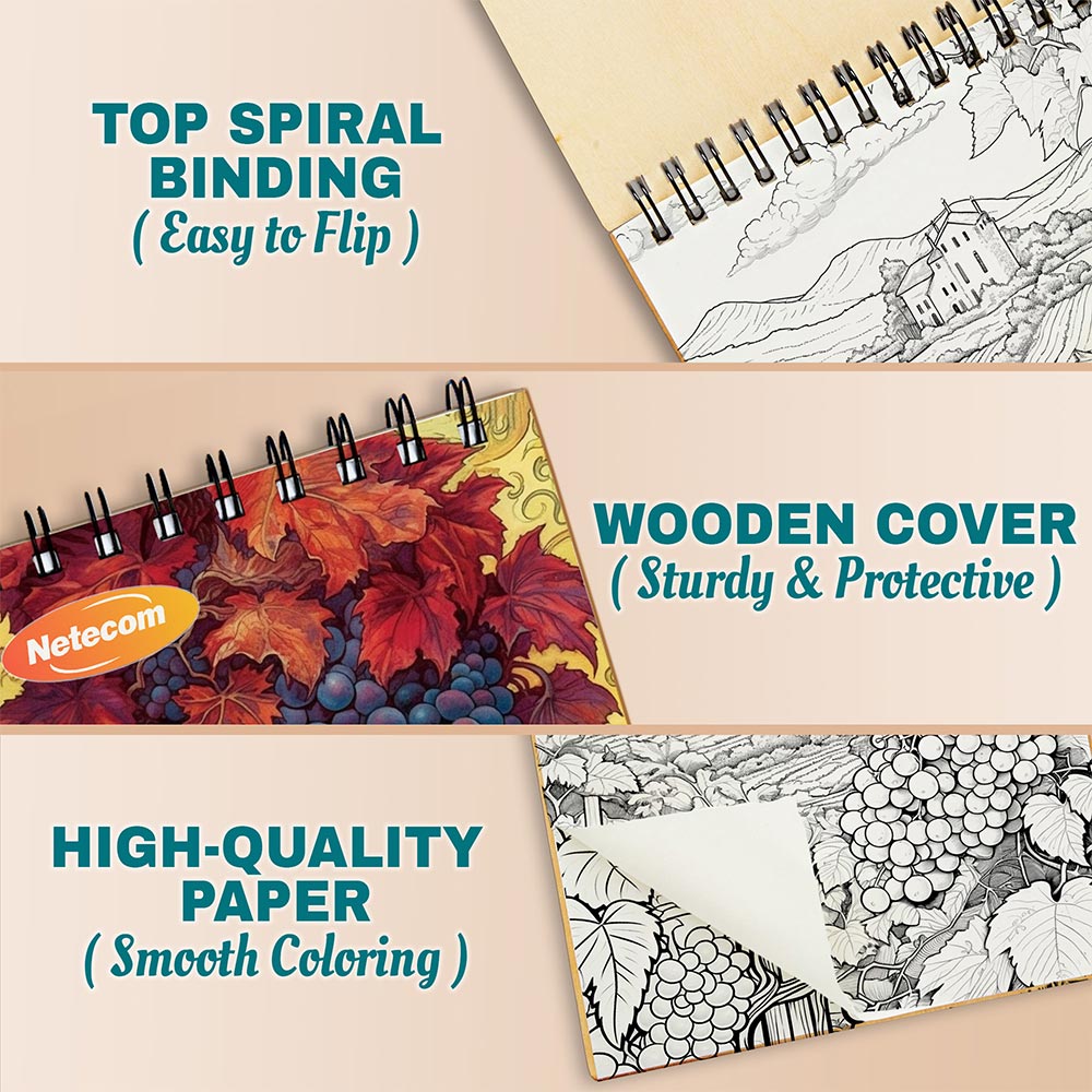 Spring Vineyards Coloring Book Spiral Bound For Adults, A5 Wooden Cover, 30 Refreshing Coloring Pages of vineyards flourishing for Stress Relief and Relaxation
