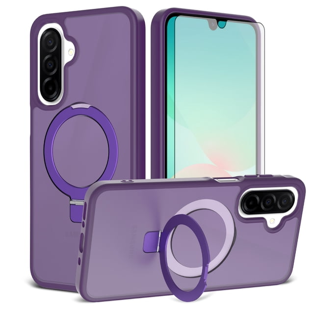 Asuwish Phone Case for Samsung Galaxy A16 A26 A17 5G/4G Tempered Glass Screen Protector Magnetic Folding Stand Frosted Translucent Rugged Shockproof Protective Cell Cover A 16 Women Men Deep purple