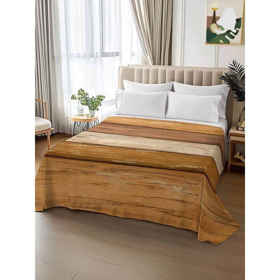 King Size Flat Sheet Only,Country Retro Wood Board Soft Top Bed Sheets Breathable Bedding Sheet Abstract Ginger Yellow Striped Microfiber Hotel Luxury Top Sheets