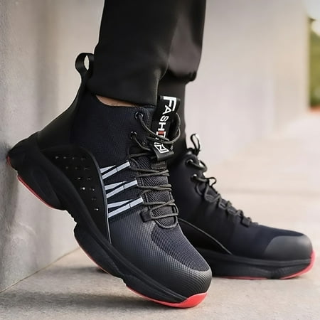 

YANGKJ Durable Men‘s High Top Solid Colour Work Boots with Steel Toe & Rubber Sole - Comfortable Slip-Resistant Puncture Proof Lace Up Safety Shoes for Outdoor Activities