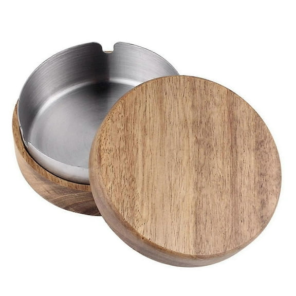 Wood Ashtrays with Lid Covered Windproof Ashtray with Stainless Steel Liner Indoor Outdoor Ash Tray