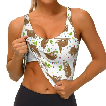 Qokaie Cute Sloth Pattern Womens Scoop Neck Sports Bra Breathable Workout Vest Padded U Back Medium Impact Fitness Gym Yoga Bra Workout Crop Top
