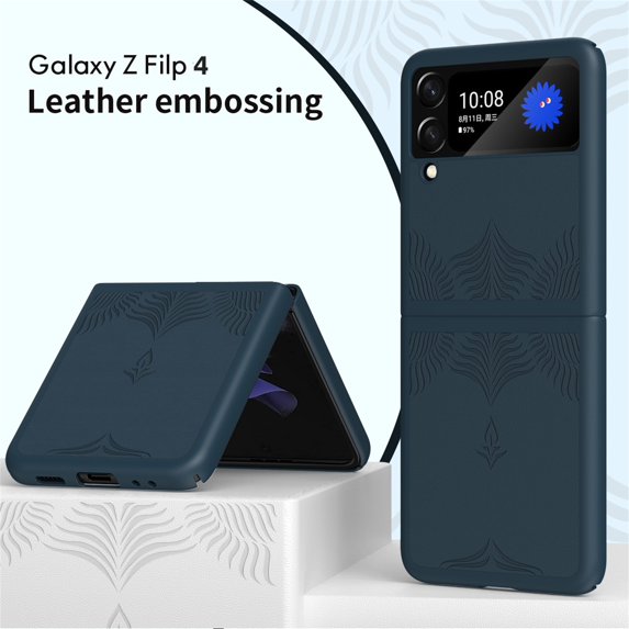 SaniMore for Samsung Galaxy Z Flip 4 6.7" 360° All-Inclusive Folding Embossed Case, Rugged PC & PU Leather Lightweight Anti-Fingerprint Military Grade Shockproof Protective Cover, Darkblue