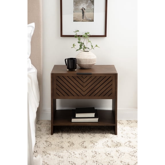 Kate and Laurel Mezzeta Modern Slatted Wood Side Table with Storage, 22 x 14 x 22, Natural Wood, Transitional Chevron Mango Wood End Table with Bonus Shelf Below for Bedroom Nightstand