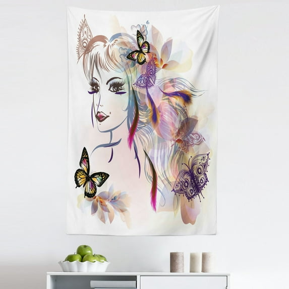 Tale Tapestry, Girl Drawing Design with Butterflies Nature Illustration Facial Expression, Fabric Wall Hanging Decor for Bedroom Living Room Dorm, 5 Sizes, Multicolor, by Ambesonne