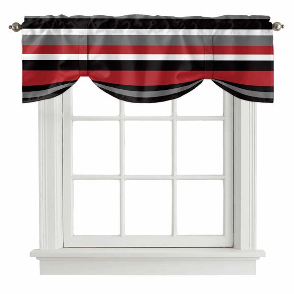 Geometric Stripes Tie Up Valances Curtain, Red Black Adjustable Valance for Window Light Filtering for Kitchen and Bathroom Rod Pocket 1 Panel 42x18in