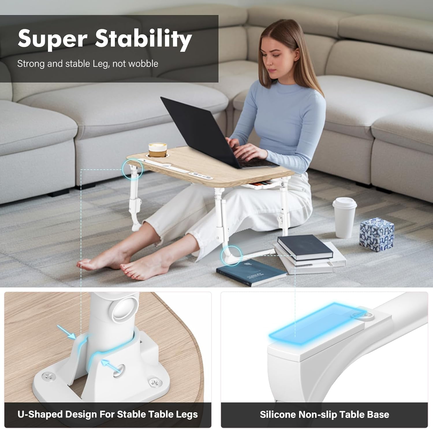Foldable Laptop Desk,Height Adjustable,with USB/Storage Drawer/Cup Holder/Tablet Stand/Book Shelf for Reading,Writing,Eating,Watching,Glacier