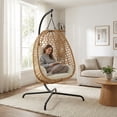 thumbnail image 2 of FHFO Hanging Egg Chair with Stand Indoor Outdoor,Comfy Patio Rattan Swing Hammock Chairs with Cushion,300lbs Capacity Egg Shaped Chair for Lawn Backyard Balcony Bedroom,Beige, 2 of 8