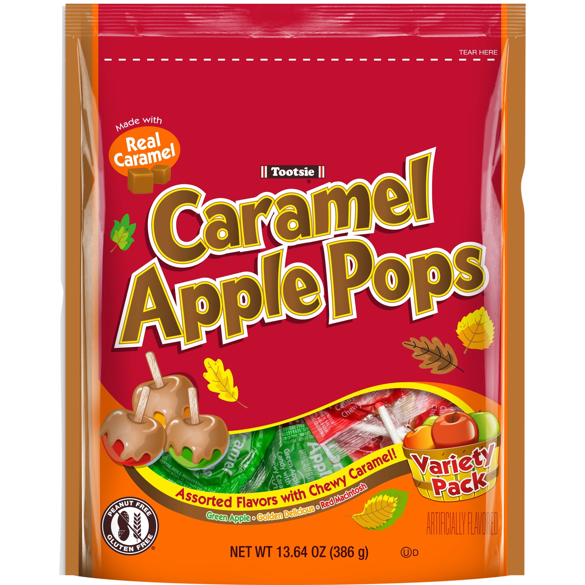 Tootsie Caramel Apple Pops Variety Apple Flavored Lollipops 13.64oz. Gluten-Free and Peanut Free. Contains Milk and Soy.
