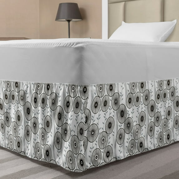 Abstract Bed Skirt, Simplistic Drawn Wagon Wheel on Twiggy Lines with Leaves, Elastic Bedskirt Dust Ruffle Wrap Around for Bedding Decor, 4 Sizes, Dark Taupe Grey, by Ambesonne