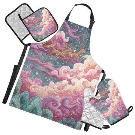 Dreamy Color Christmas Trees Santa on Clouds Apron Set with Oven Mitts Pot Holders Set of 5 Kitchen Stuff Accessories