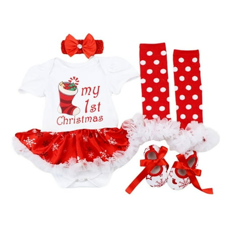 

Infant Baby Girls Christmas Outfits Newborn Short Sleeve Romper Tutu Dress+Headband+Dot Leg Warmers+Shoes 4pcs/set Toddler Clothing 0-18M