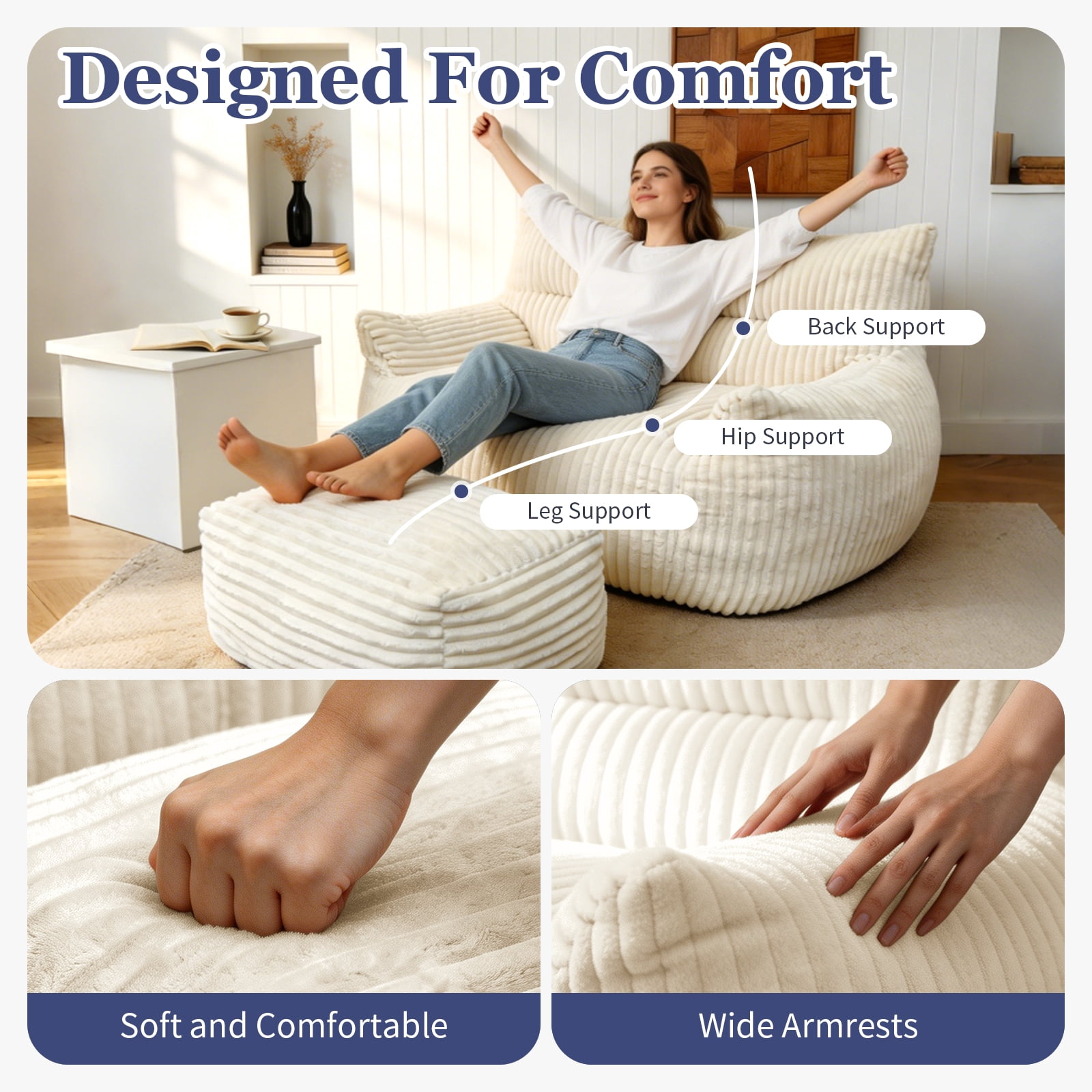 MOONMISS Corduroy Double Bean Bag Sofa with Ottoman 2-Seater Cloud Soft for Living Room Bedroom,Beige