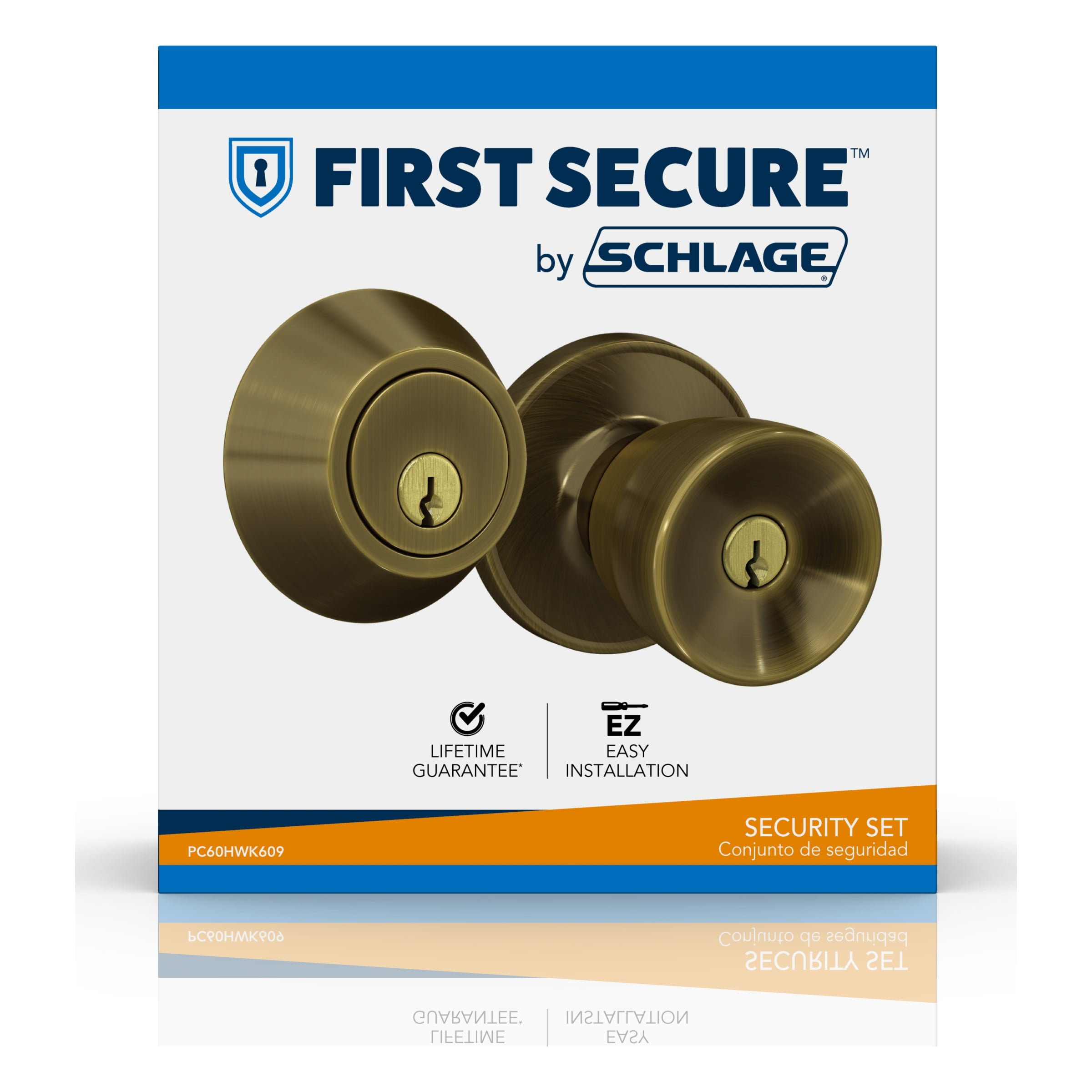 First Secure by Schlage Deadbolt and Keyed Entry Hawkins Knob in Antique Brass