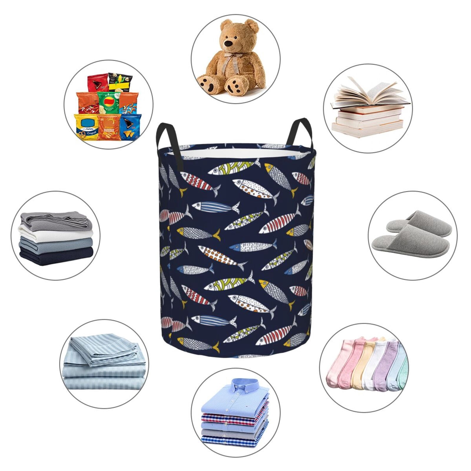 Logiee Sardine Print Laundry Hamper,Dirty Clothes Hamper Storage Basket for Bathroom Bedrooms College Dorm, Circular Hamper with Handles,Collapsible Laundry Baskets-Medium