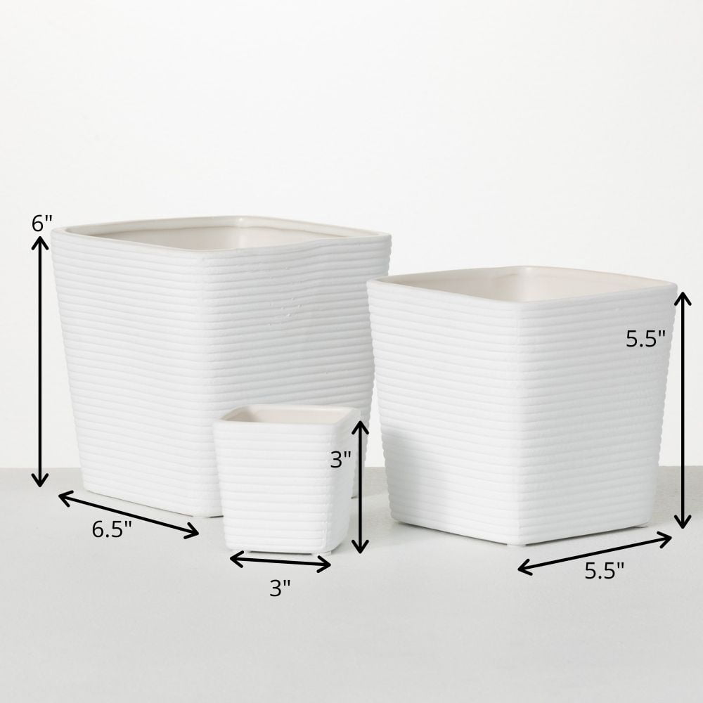 Sullivans Ribbed Square Ceramic Planter Set of 3, 6"H, 5.25"H & 3"H White