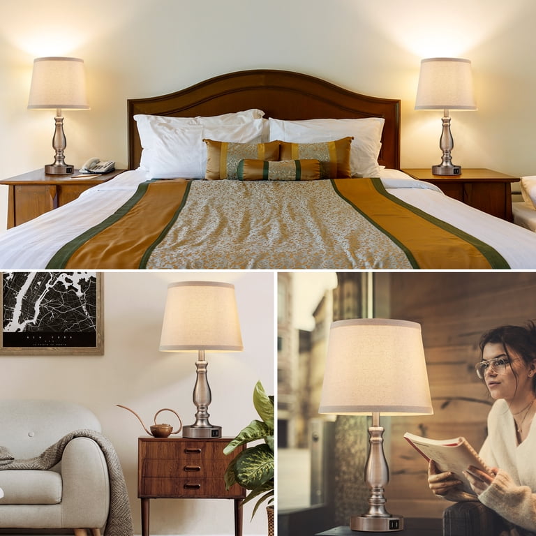 NATYSWAN 2-Piece Brushed Nickel Bedside Lamps with USB Ports photo 8