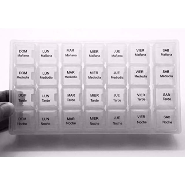 Spanish Pill Box 7 Day Weekly Four Times per Day (Large) Spanish Pill Box Organizer. para un semana.