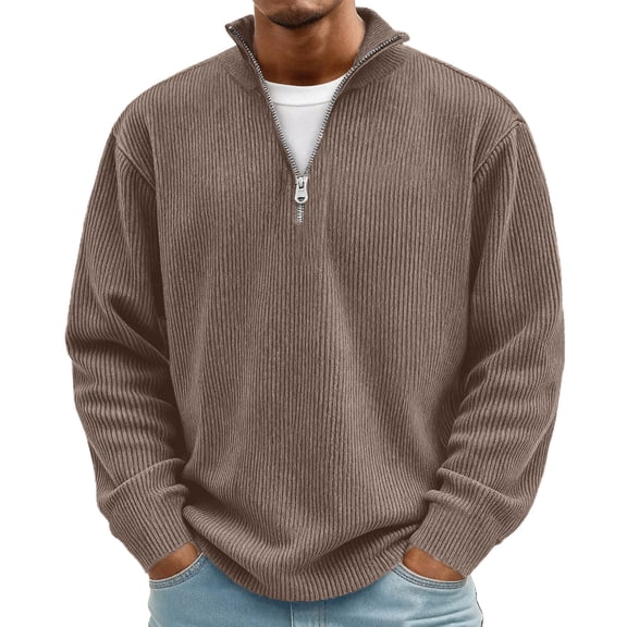 IAJDKMEK Men's Quarter Zip Pullover Sweater - Stand Collar Long Sleeve Casual Pullover for Men with Front Zipper and Soft Knit Fabric for Everyday Wear,Brown L