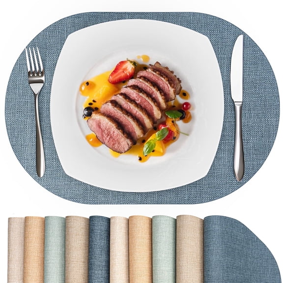 PROMATTOO Oval Vinyl Placemats Set of 6, Reversible Easy to Clean Washable Faux Leather Dining Table Mats, Charcoal Blue
