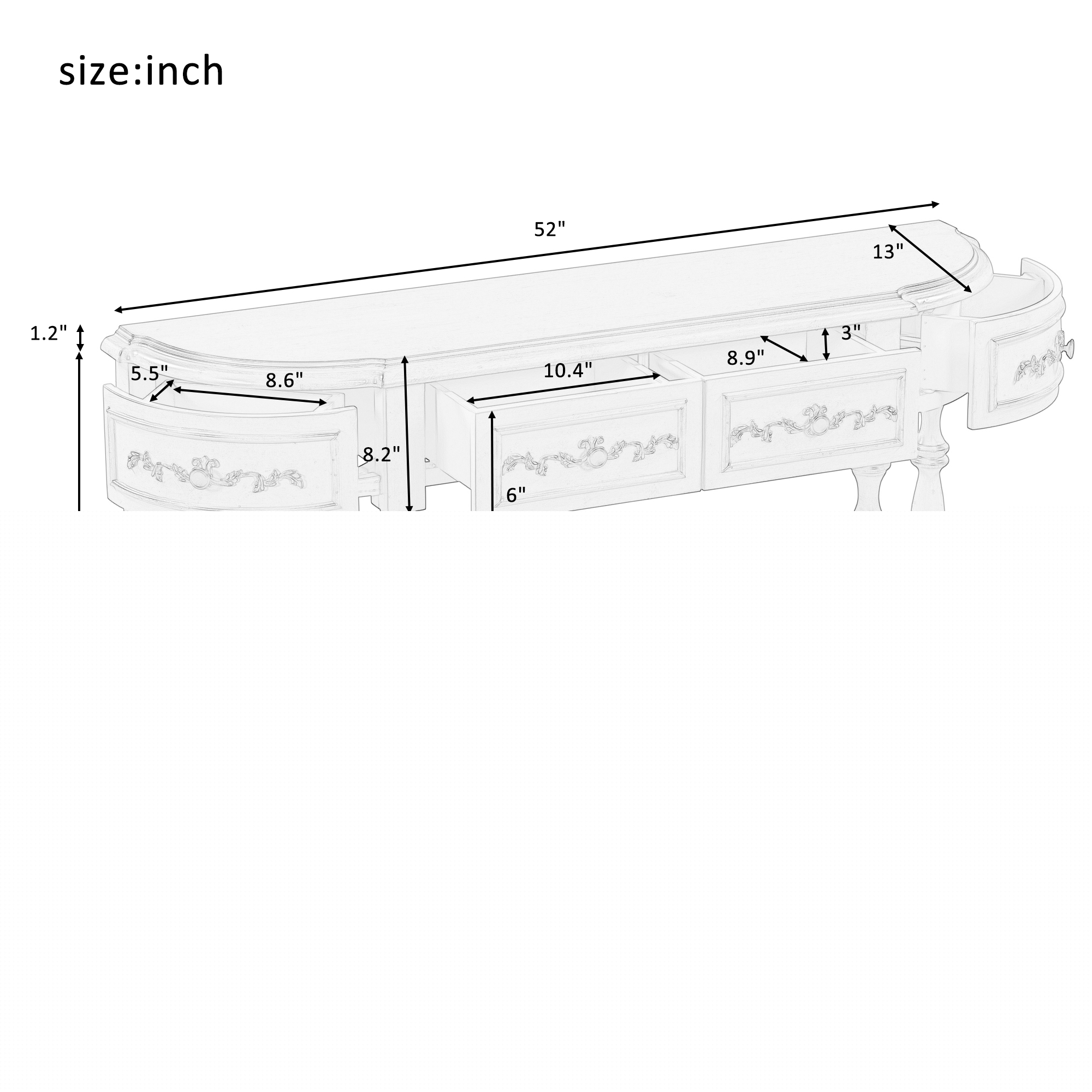 thumbnail image 7 of 52" Vintage Curved Console Table Sofa Table Half Moon Entryway Table Wooden Entrance Table with 4 Drawers and 1 Shelf for Hallway Living Room Bedroom, Antique Gray, 7 of 7