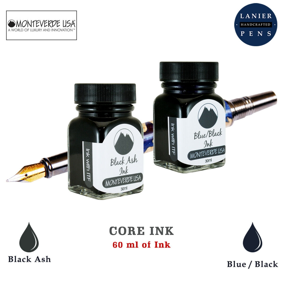 Monteverde 60ml Core Fountain Pen Ink Bottle (30ml Black Ash Ink Bottle G309BA, 30ml Blue/Black Ink Bottle G309BB)
