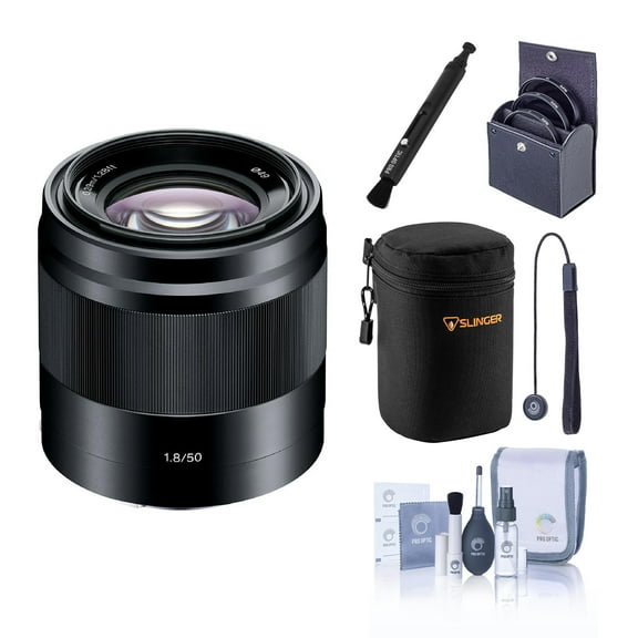 Sony E 50mm f/1.8 OSS Lens for Sony E, Black, Bundle with 49mm Filter Kit, Lens Case, Lens Cleaner, Cleaning Kit, Lens Cap Tether