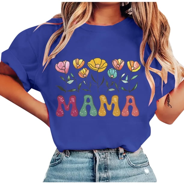 Tops de Manga Corta de Verano para las Mujeres Imprimir Blusa de Cuello Redondo, Moda Ligera de Poliéster Spandex