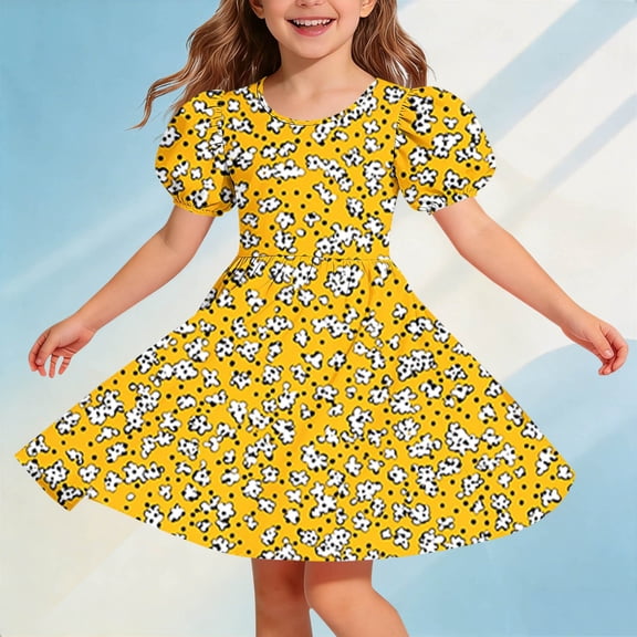 Amidoa Girl Dresses Twirl Short Sleeve Skater A-Line Dress Summer Casual Sundress for Kids Yellow Size 12