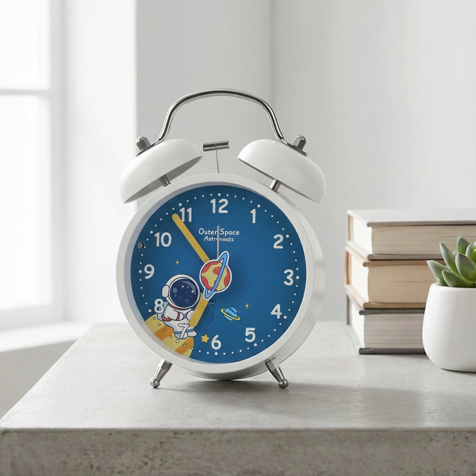 Unique Bargains Non-Tick Alarm Clock with Astronaut Pattern White 4.2"L x 2.1"W x 6.4"H