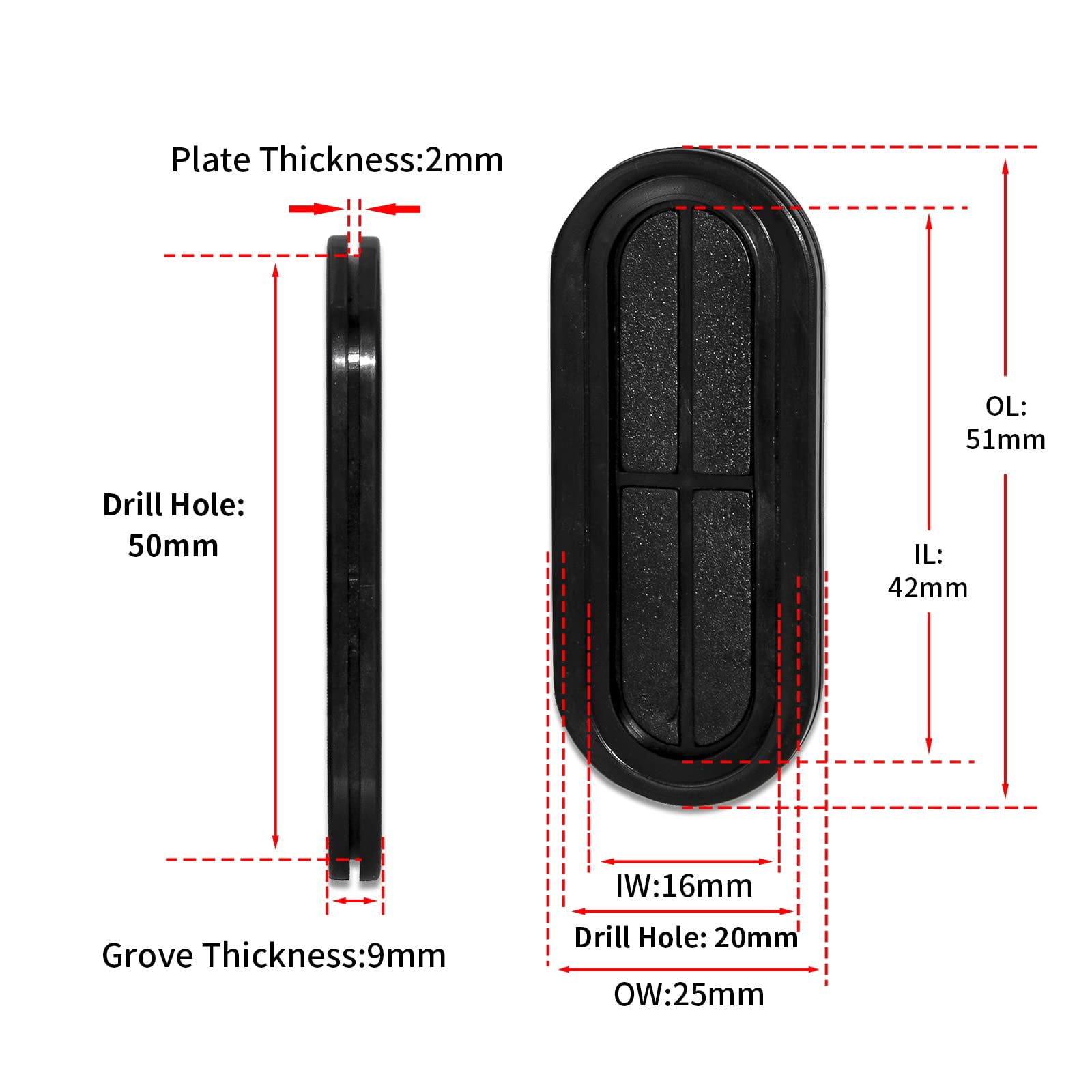 Flyshop 4-Pack Black 20 x 50 mm, 13/16" x 2" Drill Hole Double-sided Rectangle Firewall Hole Plugs, Synthetic Rubber Grommets Wire Protection