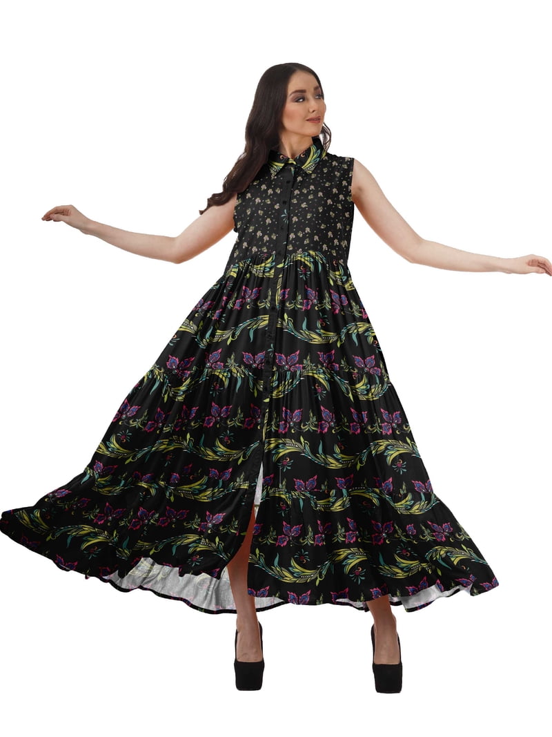 Moomaya Shoulder Straps Tiered Rayon Dress - Women's Casual Maxi Dress, Tie Dye Print, Beach Vacation