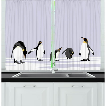 Animal Curtains 2 Panels Set, Penguins on Polar Icy Land Winter Climate Arctic Cold Season Creatures Print, Window Drapes for Living Room Bedroom, 55W X 39L Inches, Lilac Grey White, by