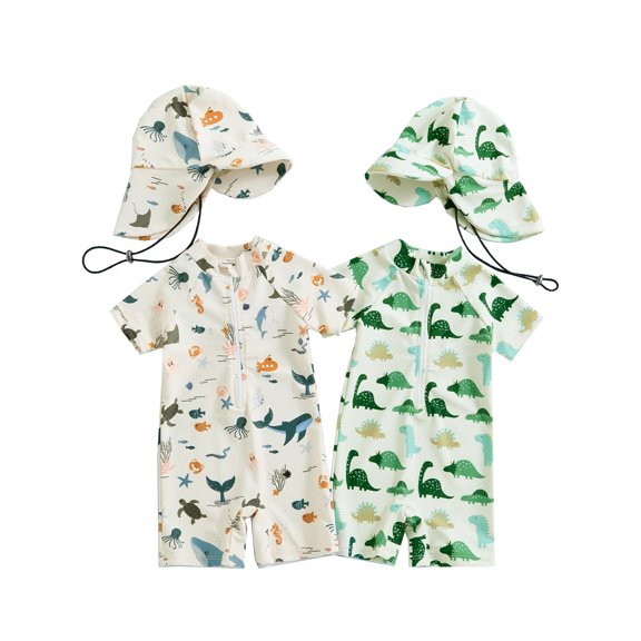 WIBACKER 0-3T Toddler Baby Boys Marine Animals Short Sleeve One Piece Rash Guard Swimsuit Zipper Bathing Suit Swimwear with Hat