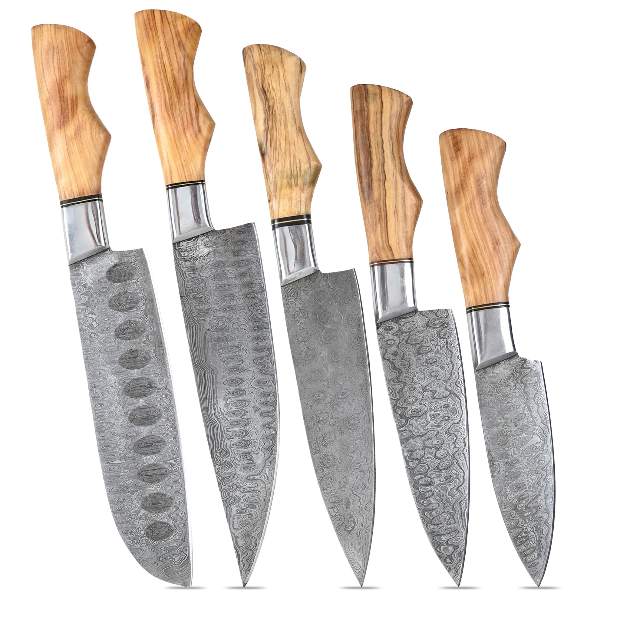 Damascus Kitchen Chef Knife Set of 5 with Olive Wood Handle & Brass Handles