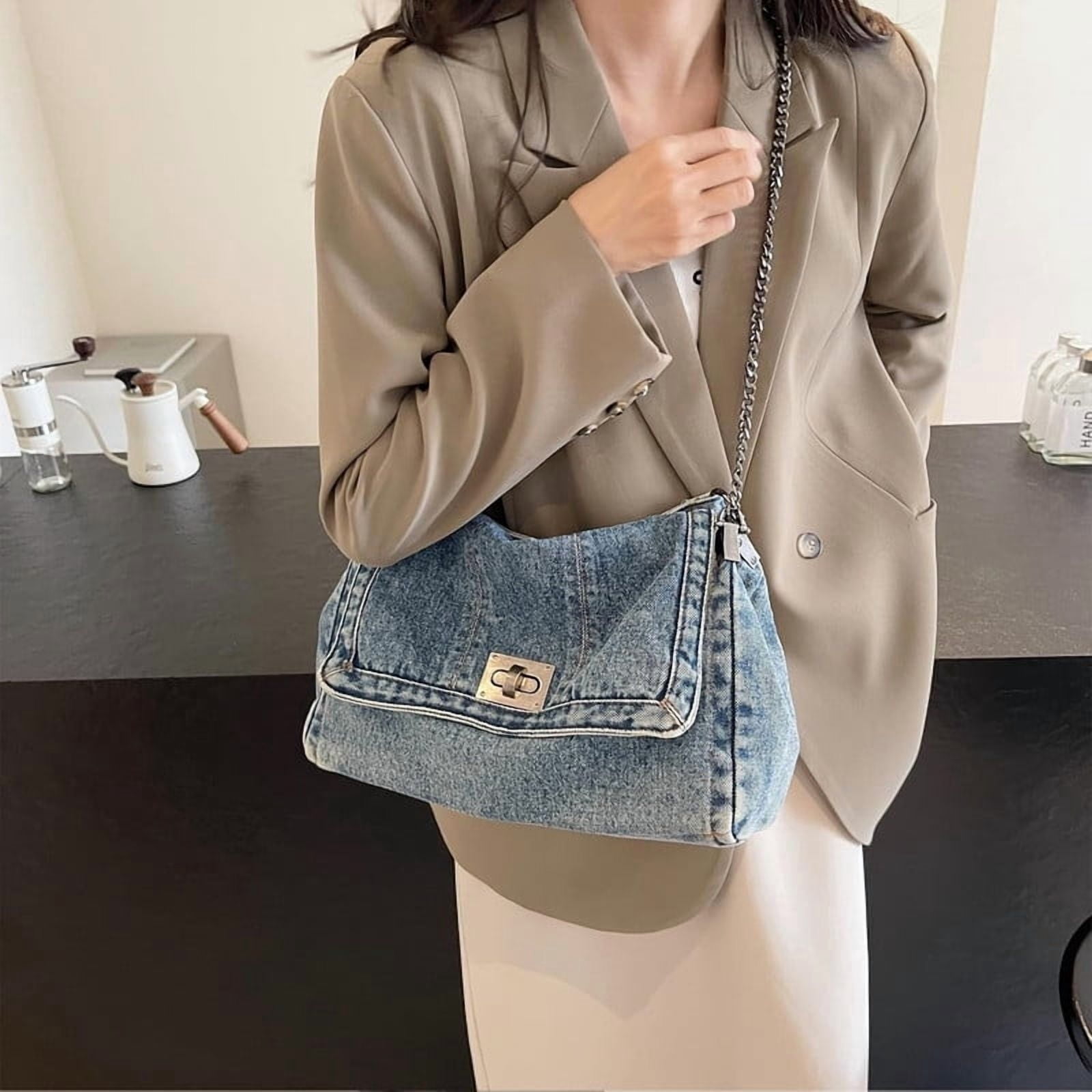 2026 Women's Casual Retro Denim Tote Bag, Lightweight Quilted Crossbody Purse with Chain Strap